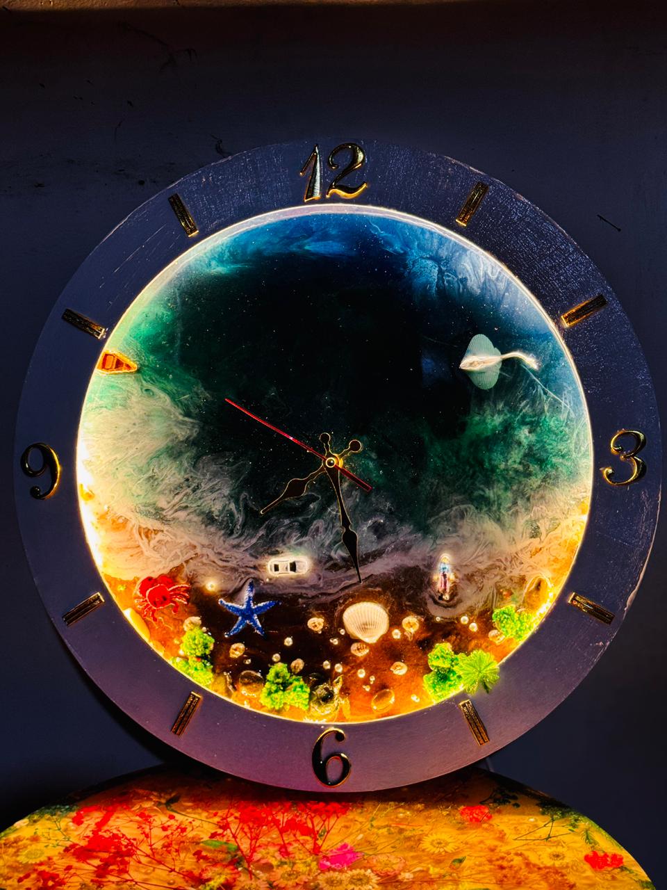 Resin, Wood & Ocean Wall Clock with Light